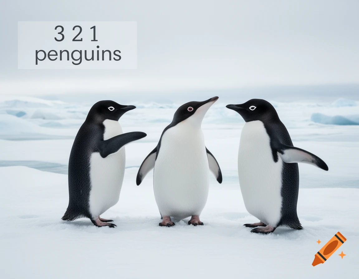 Three photorealistic penguins stand on an icy landscape, with the text '3 2 1 penguins' floating above.