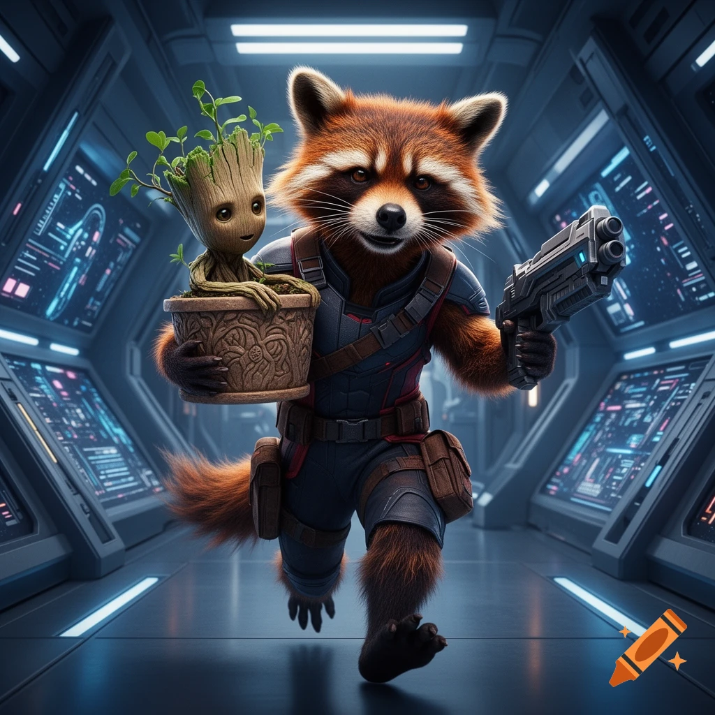 Rocket Raccoon, holding Baby Groot in a pot and a gun, runs through a futuristic spaceship corridor.