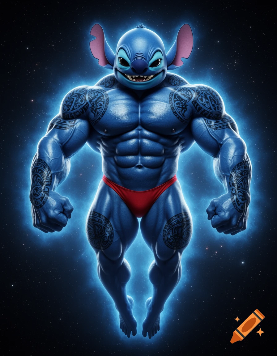 Hyper-realistic muscular Stitch with Polynesian tattoos and a red thong, floating in space with a blue aura.