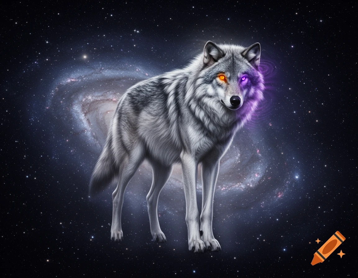 A majestic grey wolf with one orange and one purple glowing eye stands in front of a spiral galaxy in space.