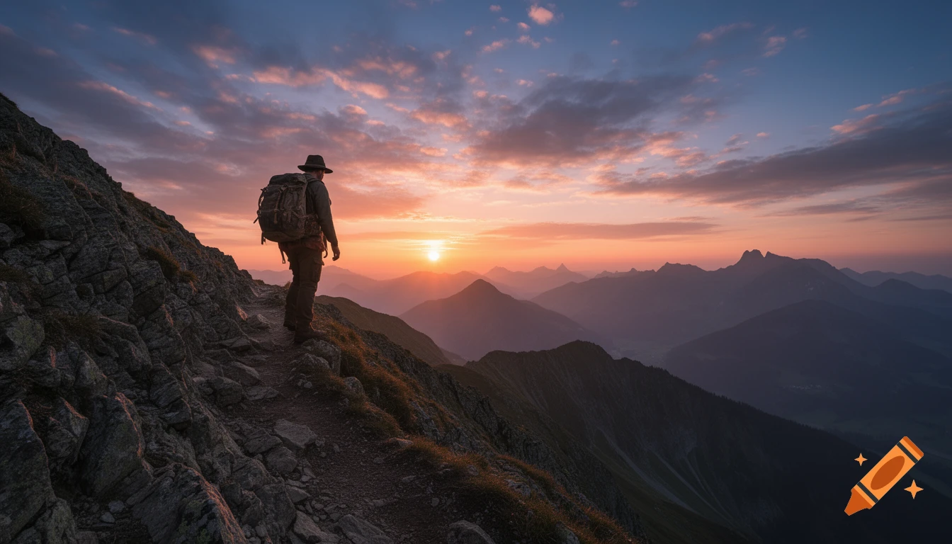 A lone hiker with a backpack stands on a rocky mountain ridge, watching the vibrant sunset over a valley of layered peaks.