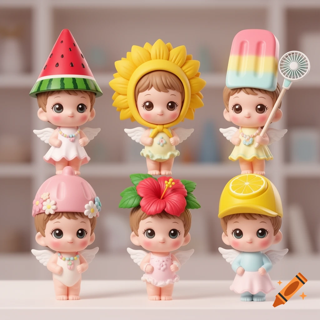 Six adorable Sonny Angel-style collectible figurines with summer-themed hats, including watermelon, sunflower, popsicle, hibiscus, fan, and lemon.