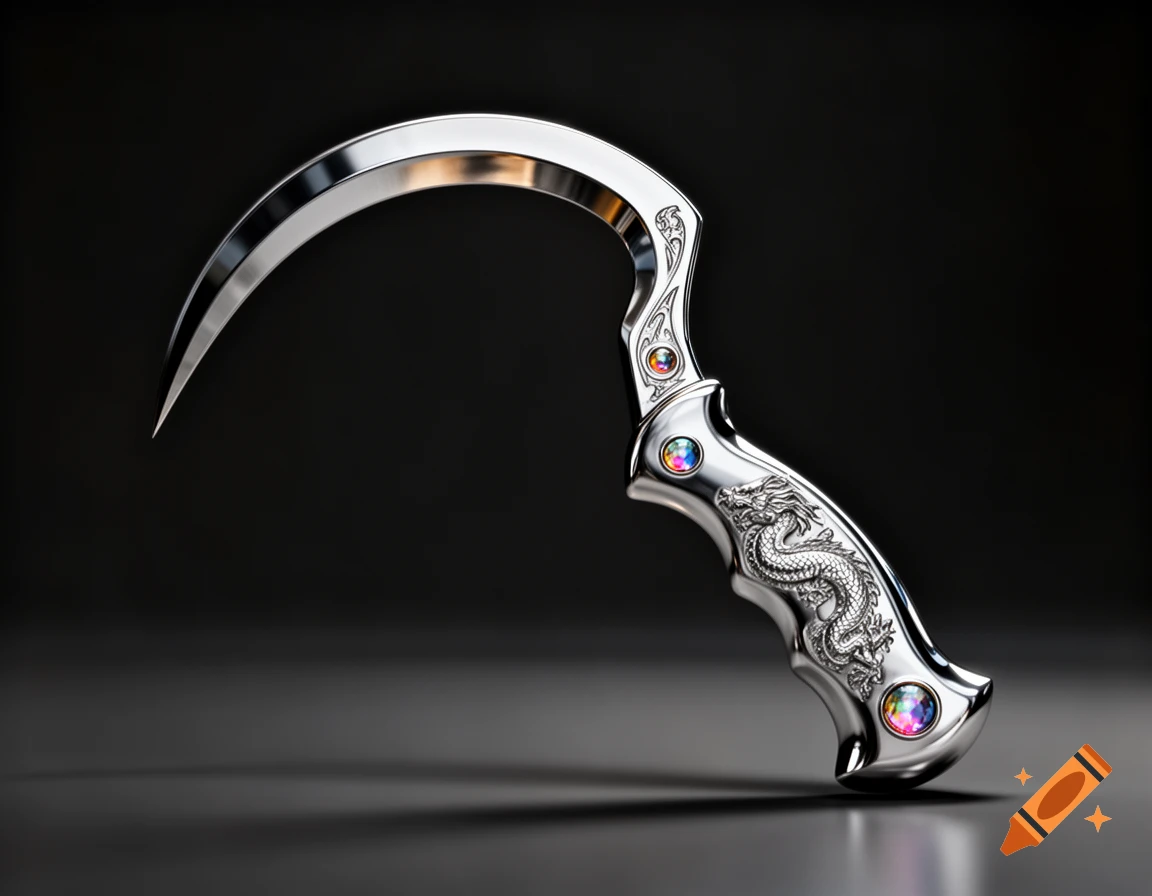 A gleaming silver hand sickle weapon with an engraved dragon and colorful gems on the handle, against a dark background.