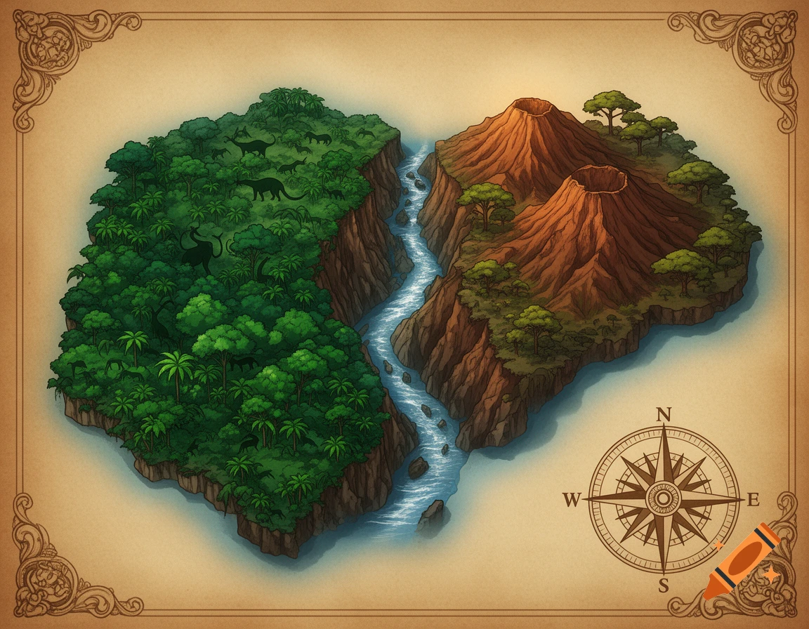 Stylized map on parchment paper: a green jungle with dinosaur silhouettes to the west, separated by a river from two volcanoes to the east. A compass rose is visible.