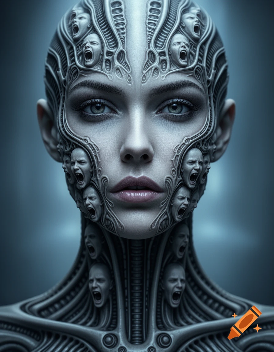 Close-up portrait of a woman with biomechanical features and numerous small screaming faces integrated into her skin, in the style of H.R. Giger.