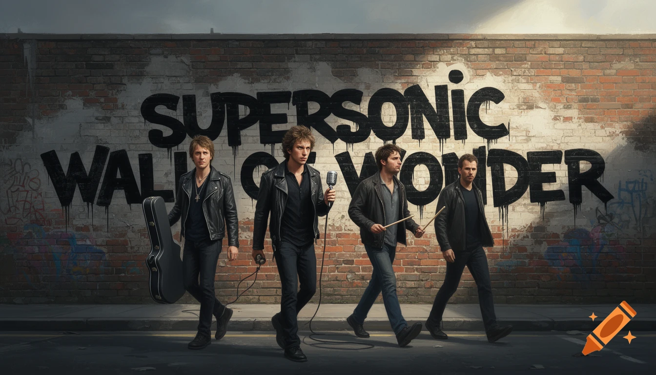 Four men resembling a rock band walk past a brick wall graffitied with 'SUPERSONIC WALL OF WONDER'. One carries a guitar case, another a microphone, and a third drumsticks.