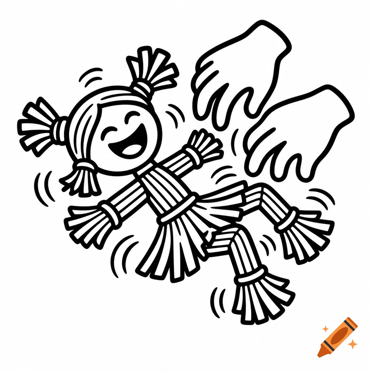 A black-and-white pictogram illustration of a stylized straw doll lying on its back, laughing as two hands tickle it, with motion lines.