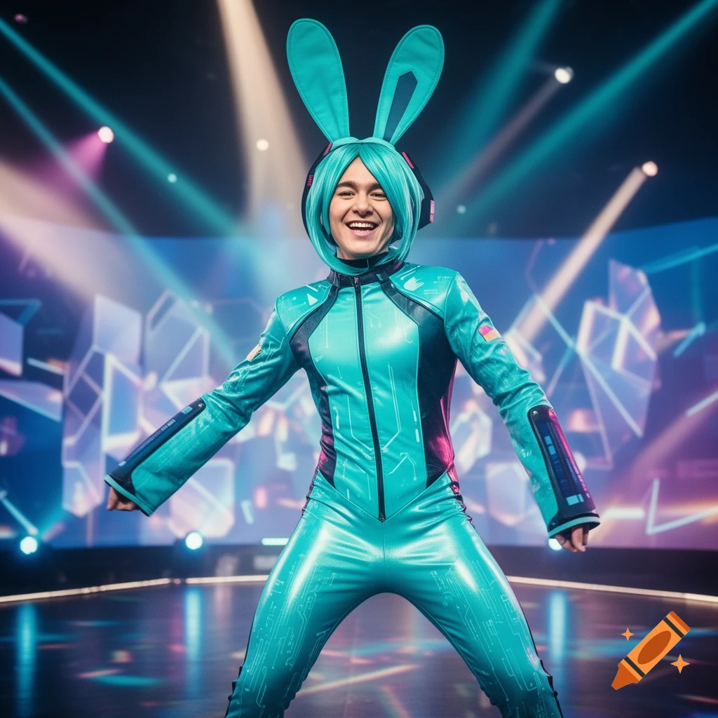 A smiling person in a turquoise and black futuristic bunny suit with large ears and headphones poses on a brightly lit stage.