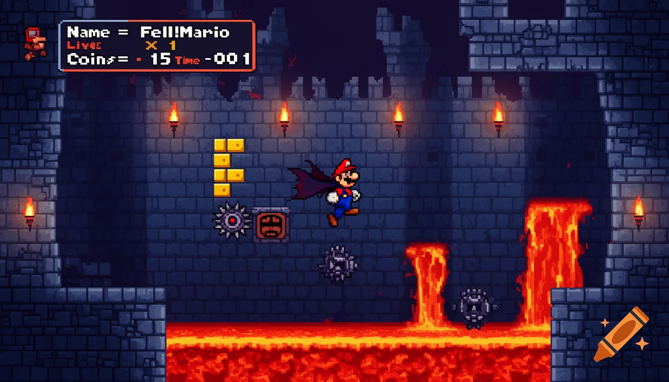 Pixel art of Cape Mario jumping over lava and spiked enemies in a dark castle level, with game stats on screen.