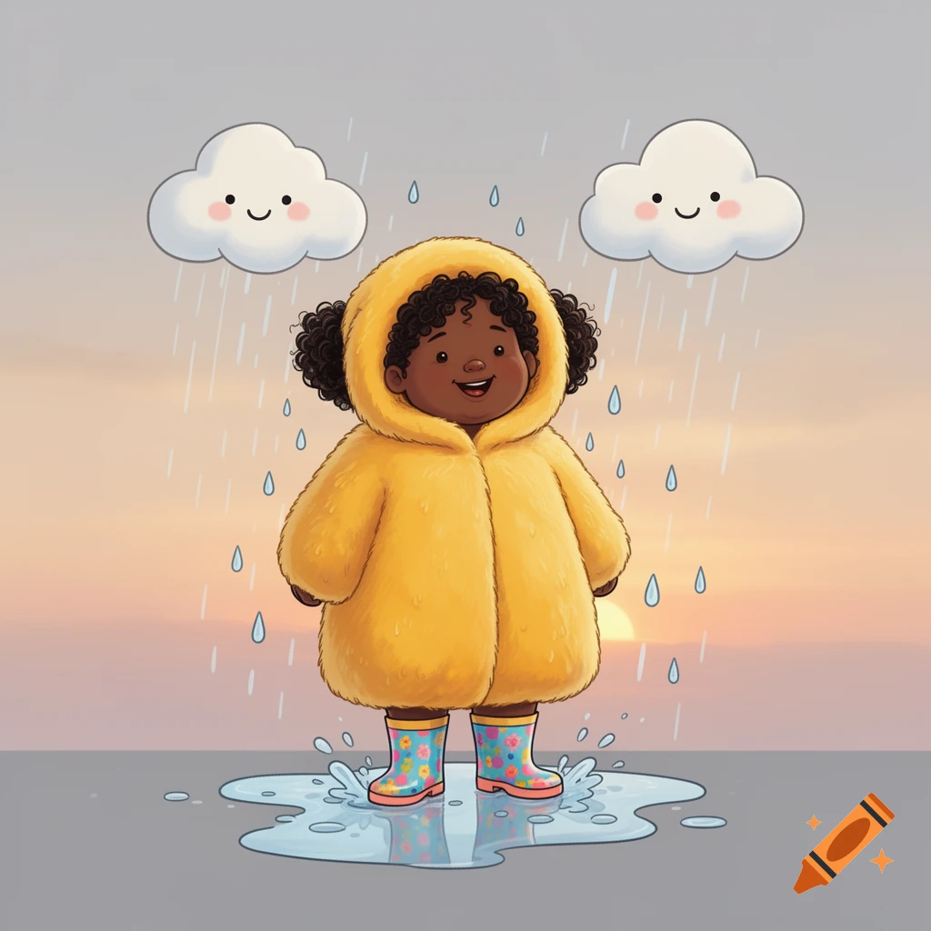 Cartoon of a happy black girl in a yellow fuzzy coat and colorful rain boots splashing in a puddle under smiling rain clouds at sunset.