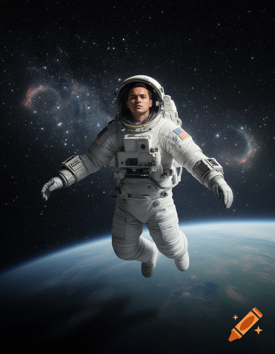 A man in a white astronaut suit floats in space above Earth, surrounded by stars and nebulae, in a realistic cinematic style.
