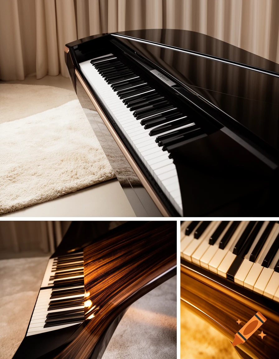 Three views of a glossy black grand piano, showing its keys, reflective surface, and wood grain on a fluffy rug.