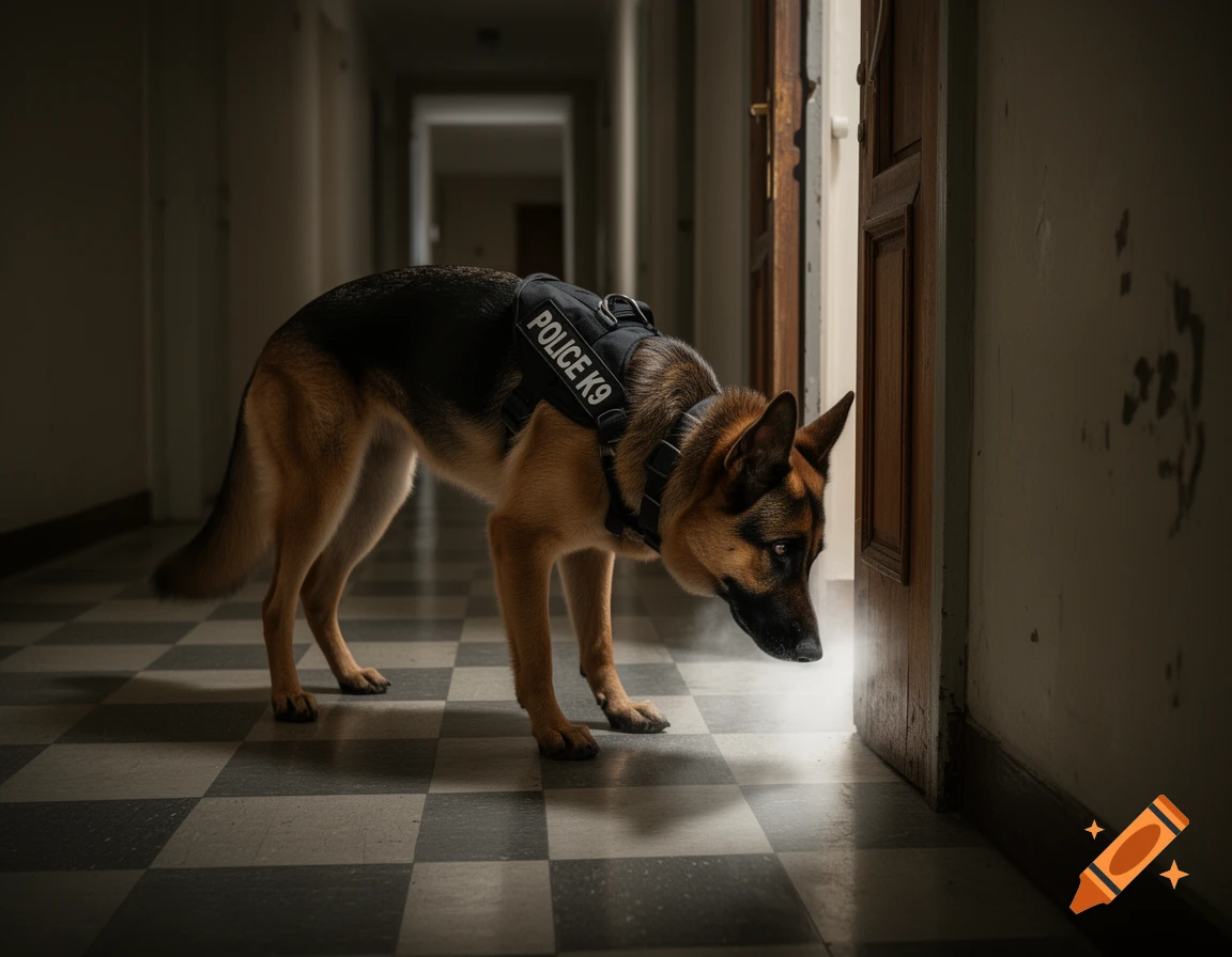 A German Shepherd police K9 unit dog sniffs at the bottom of a wooden door in a dimly lit hallway with a checkered floor.