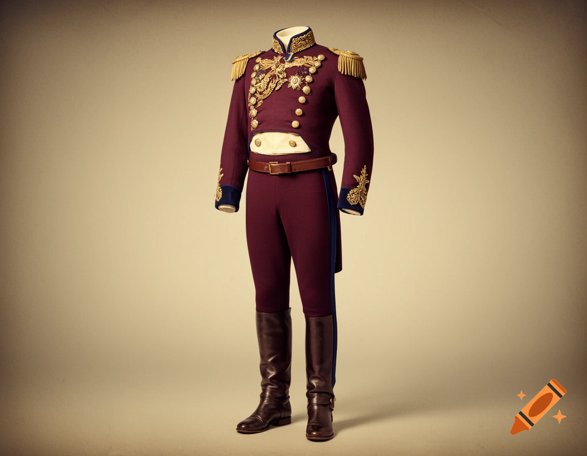 A headless mannequin displays a 19th-century deep burgundy military uniform with gold embroidery, fringes, and dark brown boots.