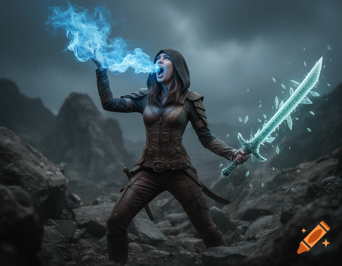 A female adventurer in a dark, rocky landscape breathes blue fire and wields a glowing, frost-covered sword.