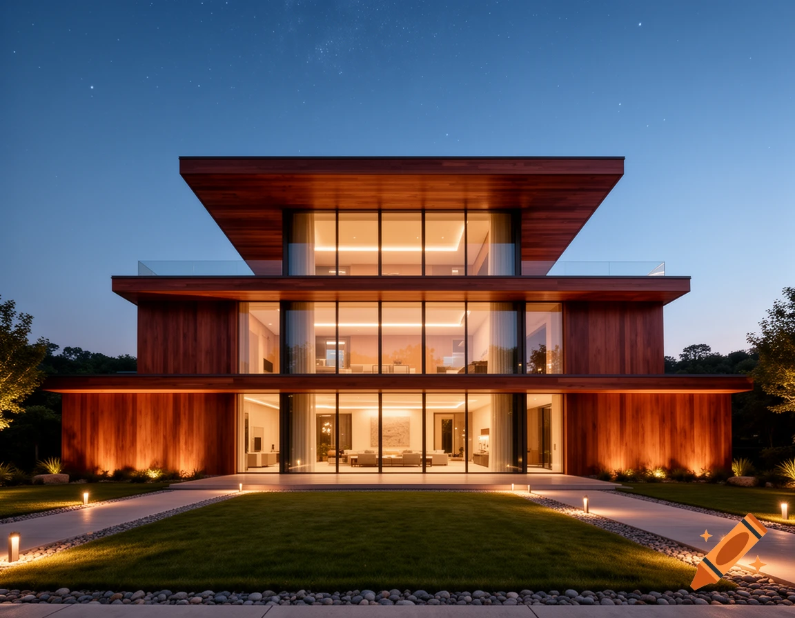 A modern three-story wood mansion with large illuminated windows and balconies at dusk, under a starry sky, with landscaped paths.