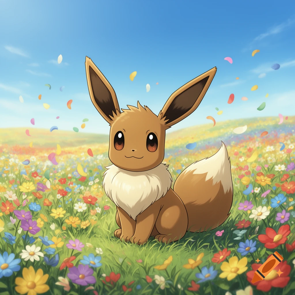A cute, brown Eevee Pokémon sits in a vibrant field of colorful wildflowers with petals falling, under a blue sky in an anime style.