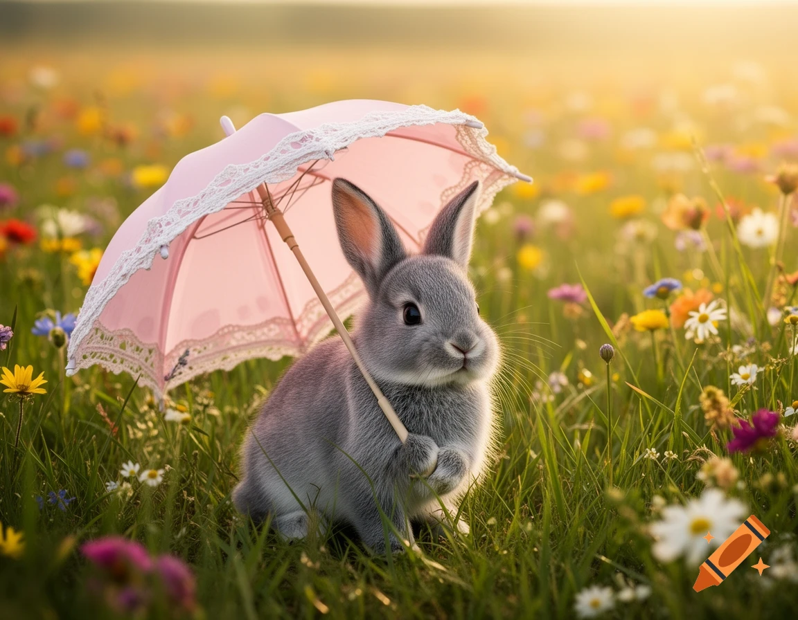 A cute gray baby bunny sits in a field of colorful wildflowers, holding a small pink lace parasol under golden sunlight.