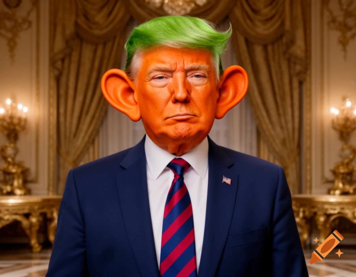 Caricature of Donald Trump with bright orange skin, large ears, and green hair, wearing a suit in an ornate room.