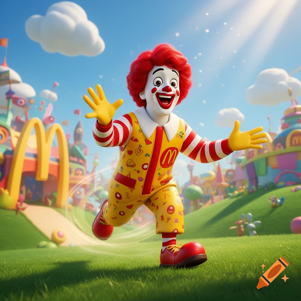 Cheerful 3D animated Ronald McDonald runs through a colorful McDonaldland park with a golden arch.