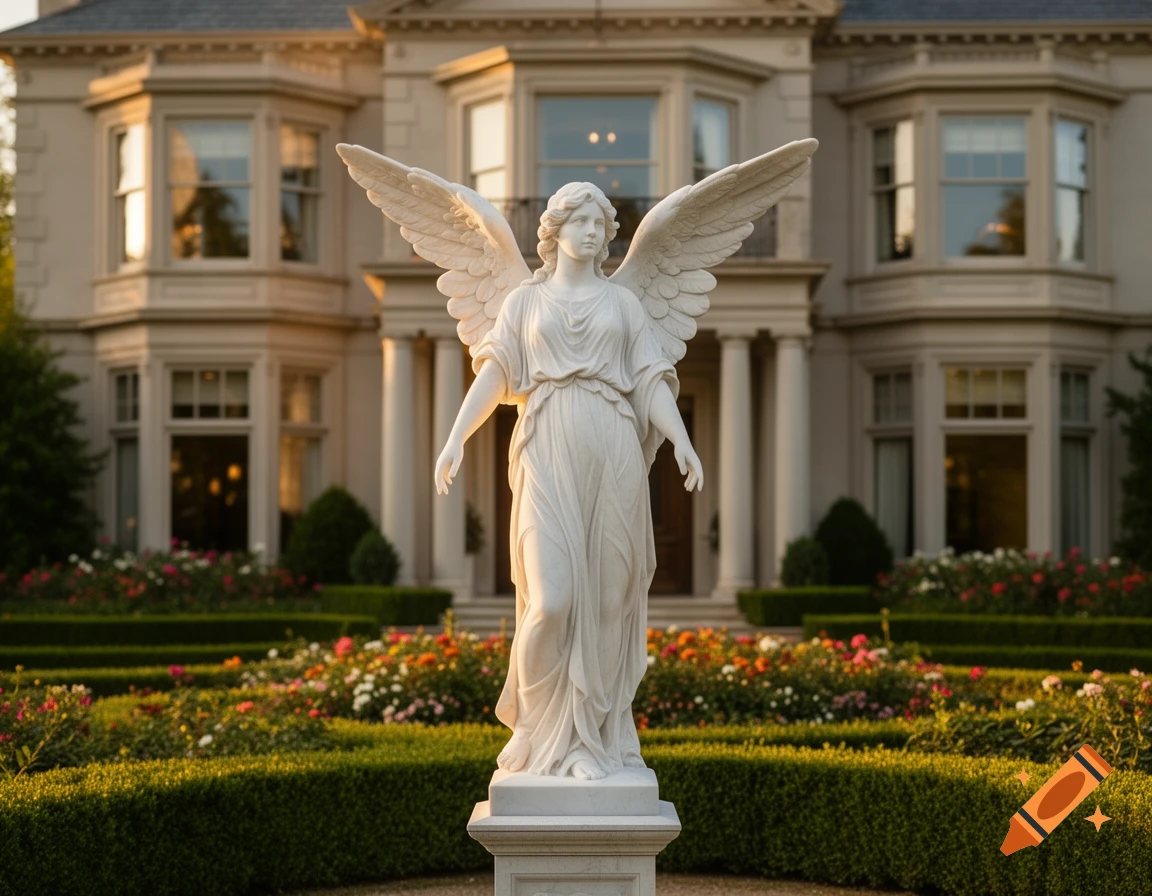 A white marble statue of an angel with wings stands in a manicured garden with hedges and flowers, in front of a grand mansion.