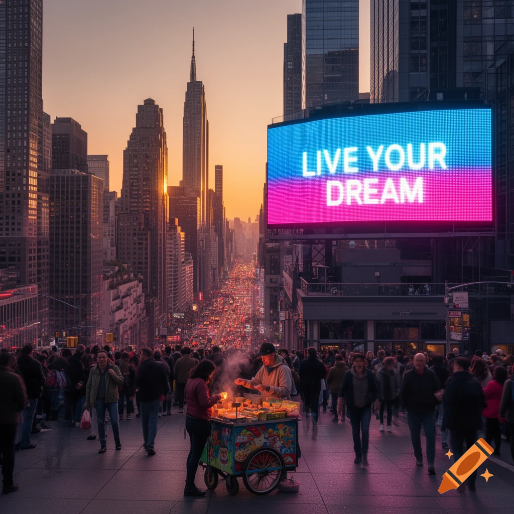 Photorealistic image of a crowded city street at sunset, with skyscrapers and a large neon billboard reading 'LIVE YOUR DREAM'. A street food vendor serves customers.