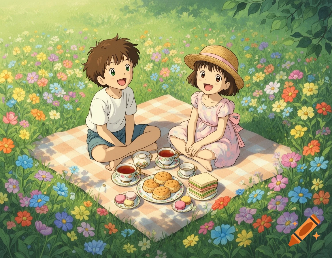 Ghibli-inspired illustration of a boy and girl having an afternoon tea picnic in a field of colorful flowers.