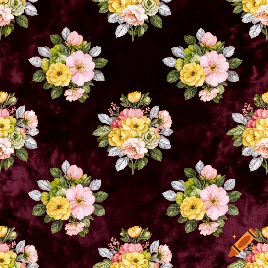Seamless repeating pattern of watercolor-style pink, yellow, and white flowers on a dark burgundy velvet background.
