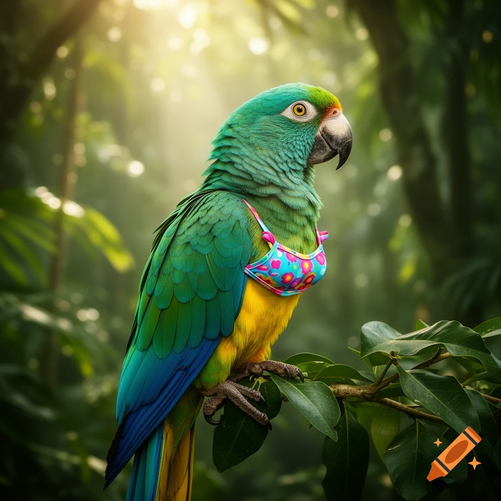 A vibrant blue and yellow macaw wearing a floral bikini perches on a branch in a sunlit jungle.
