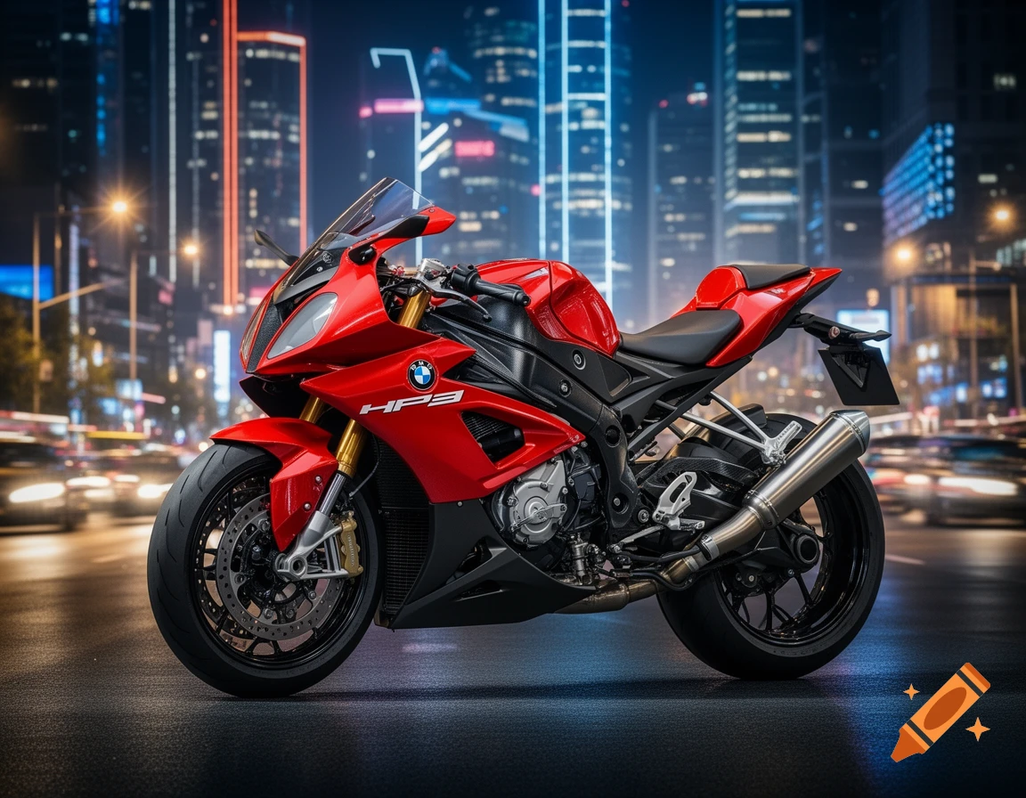 A red and black BMW sport motorcycle parked on a wet city street at night, with blurred city lights. Photorealistic.