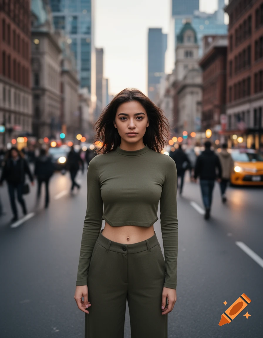 Photorealistic image of a woman in a green crop top and pants standing on a busy city street.