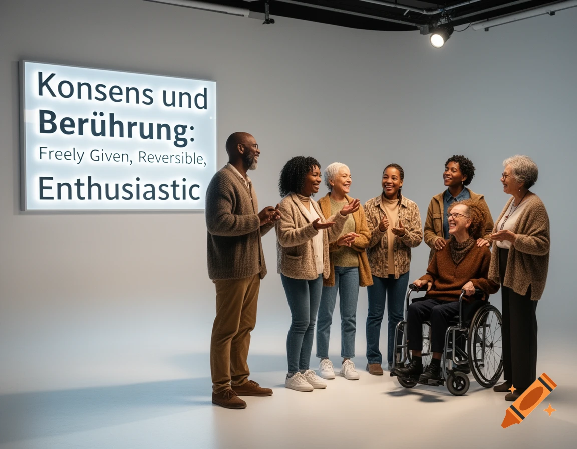 A diverse group of adults, including one in a wheelchair, smiling and talking in a well-lit studio with a sign reading "Konsens und Berührung: Freely Given, Reversible, Enthusiastic."