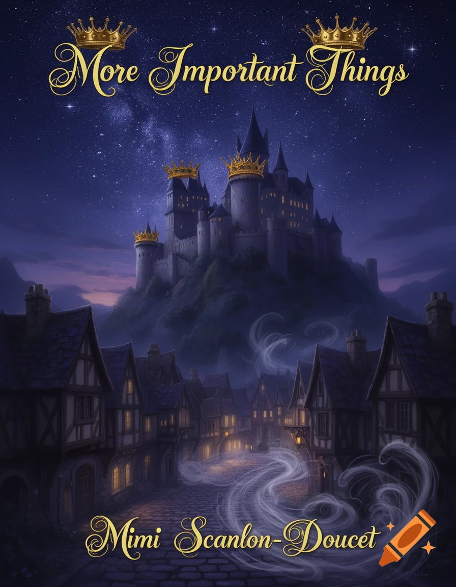Fantasy book cover featuring a grand castle on a hill overlooking a medieval town under a starry night sky. Title: More Important Things.