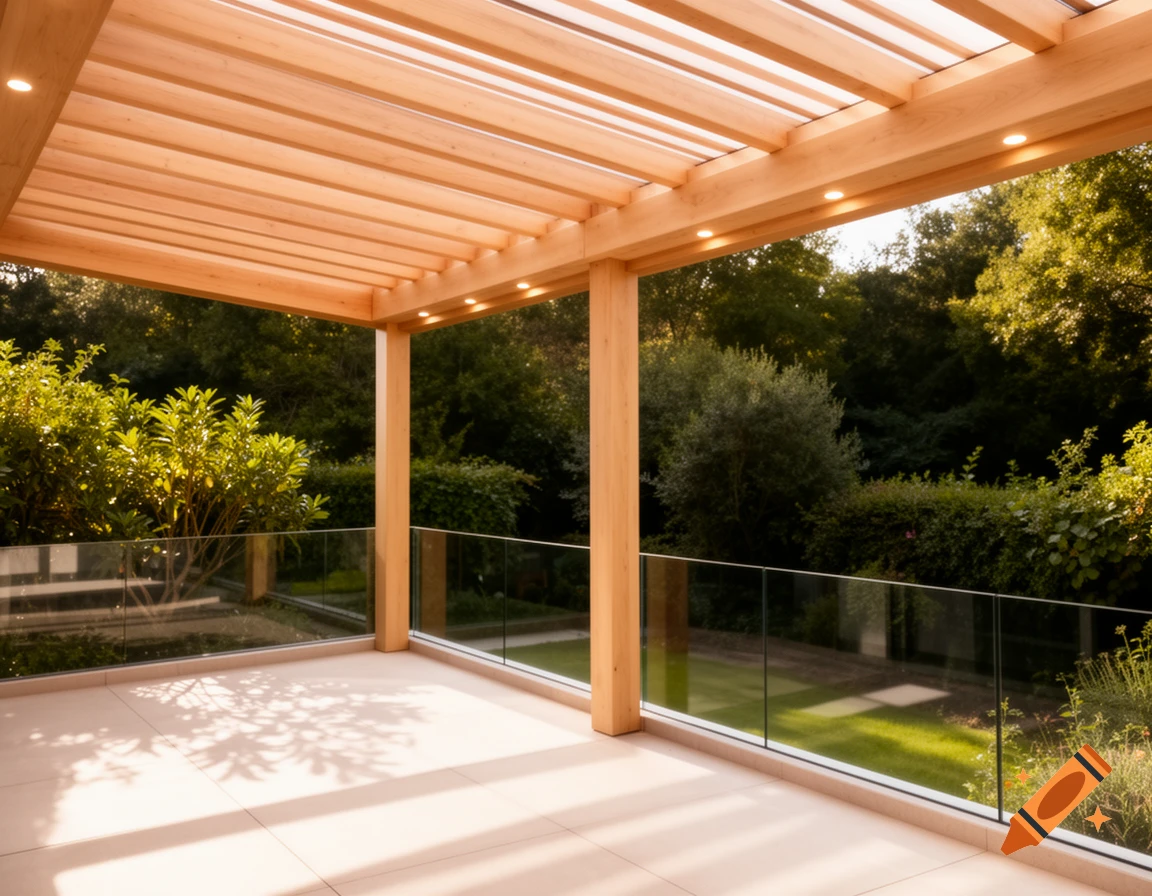 A modern wooden pergola with recessed lighting over a tiled patio featuring glass railings and a view of a lush green garden.