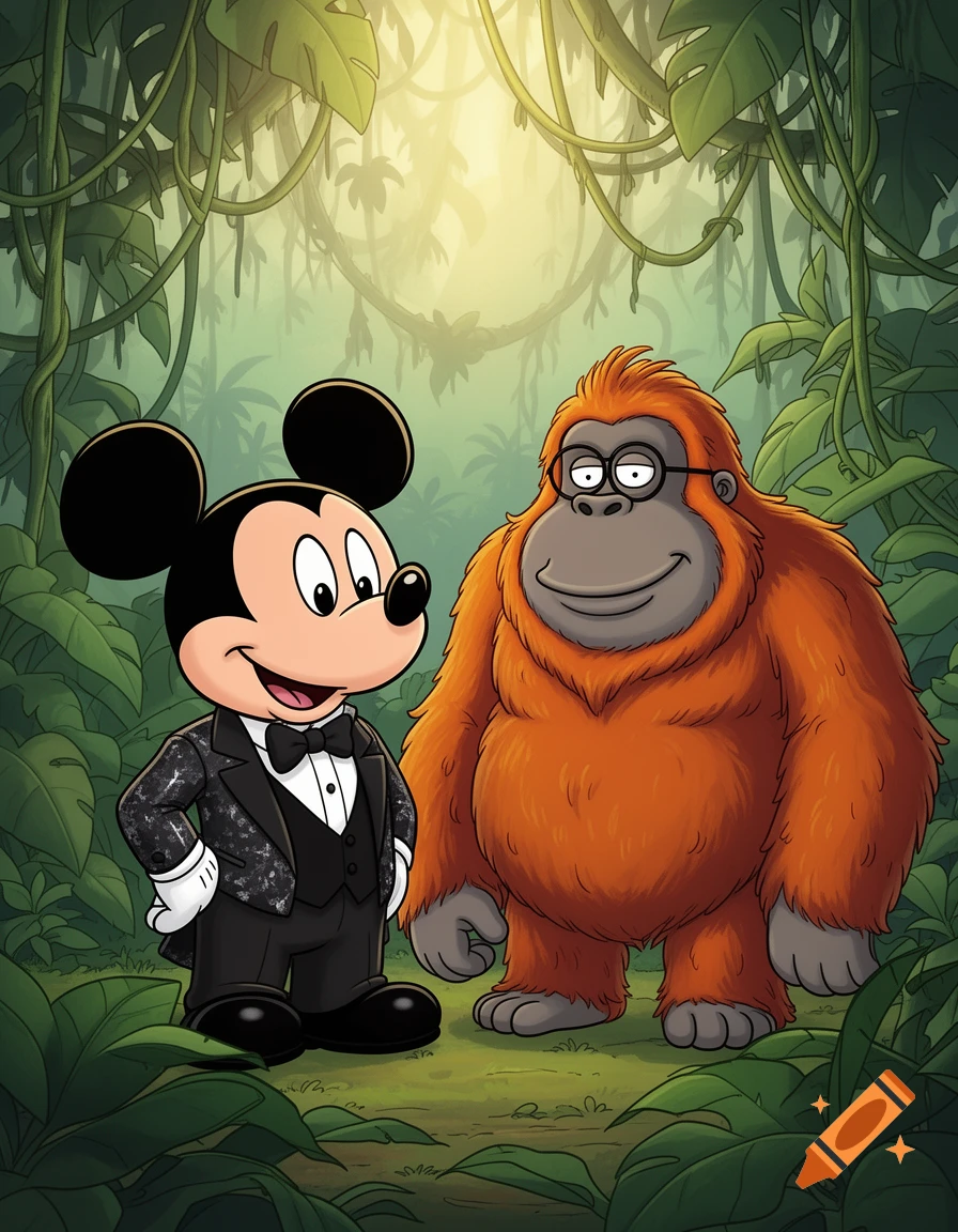 Cartoon Mickey Mouse in a tuxedo stands next to a smiling orangutan wearing glasses in a lush jungle.