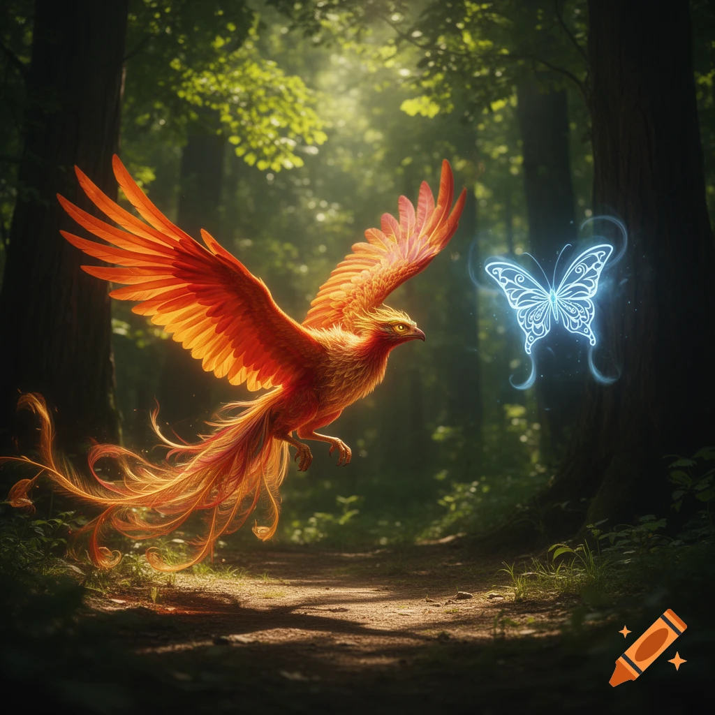 A vibrant orange phoenix flies over a forest path, looking at a glowing blue butterfly sigil.