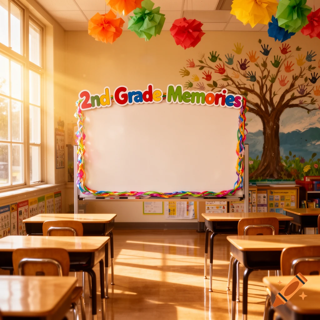 Empty 2nd grade classroom with a whiteboard displaying '2nd Grade Memories', colorful decorations, and desks in sunlight.