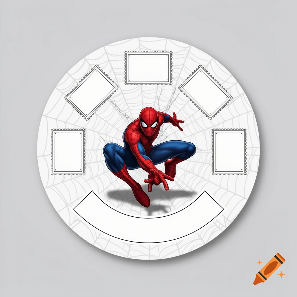 Spiderman crouches on a white circular card with web patterns, five empty stamp frames, and two name fields.