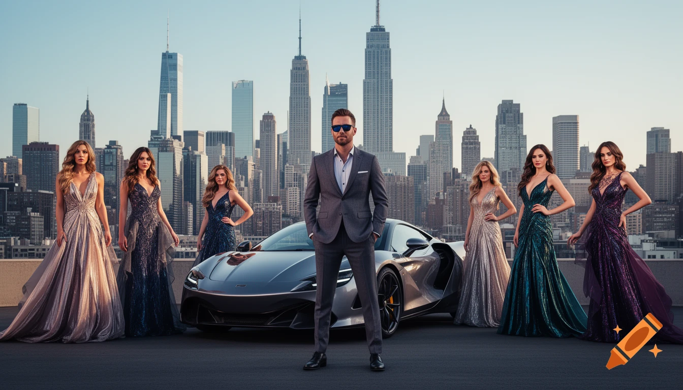 A man in a suit poses with a sports car, surrounded by six women in evening gowns, on a rooftop overlooking a city skyline.