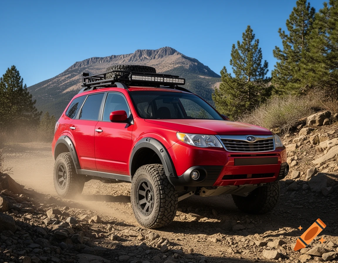 A red Subaru Forester SUV with an off-road overhaul kicks up dust on a rocky trail with mountains and pine trees in the background.