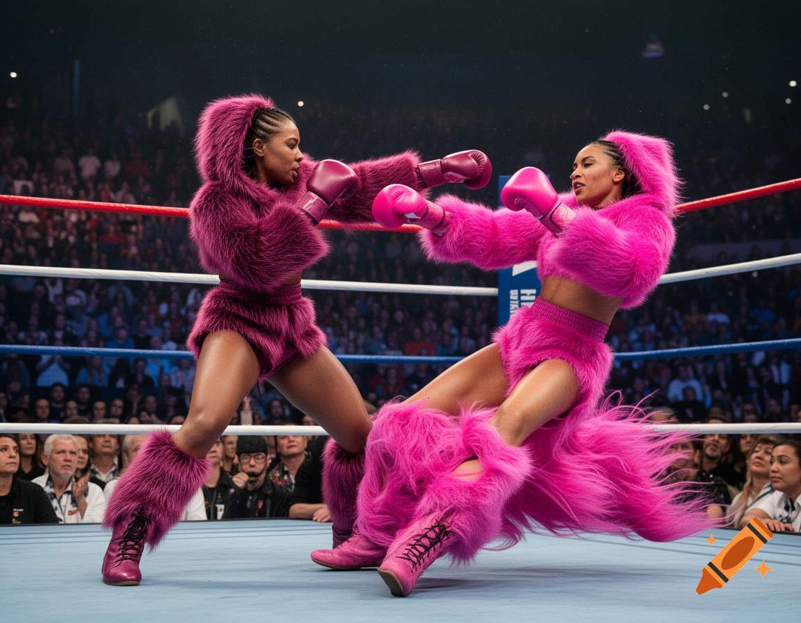 Two women wearing vibrant pink and magenta fur boxing outfits with hoods, shorts, and boots are sparring in a boxing ring, surrounded by a blurred crowd. One woman throws a punch while the other recoils.