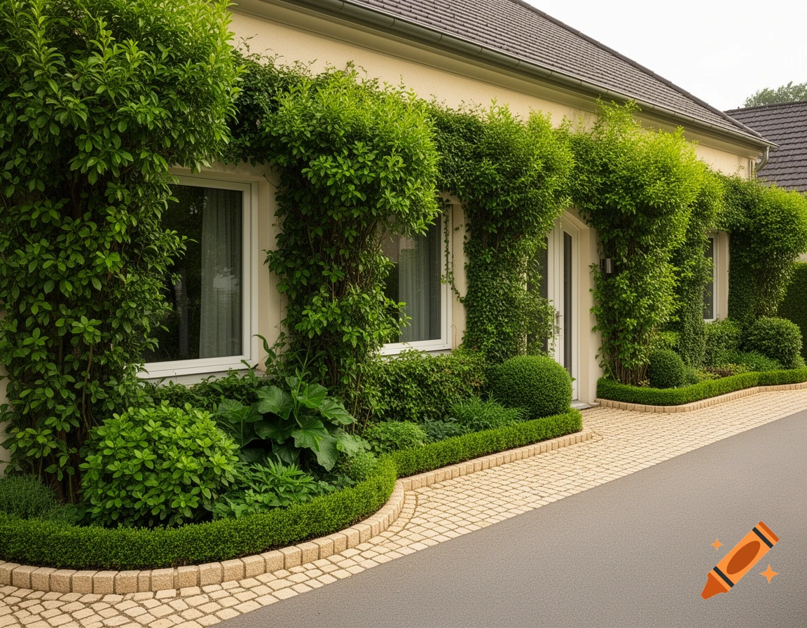 Photorealistic image of a house facade with lush green climbing plants and shrubs, bordered by a beige paved path.