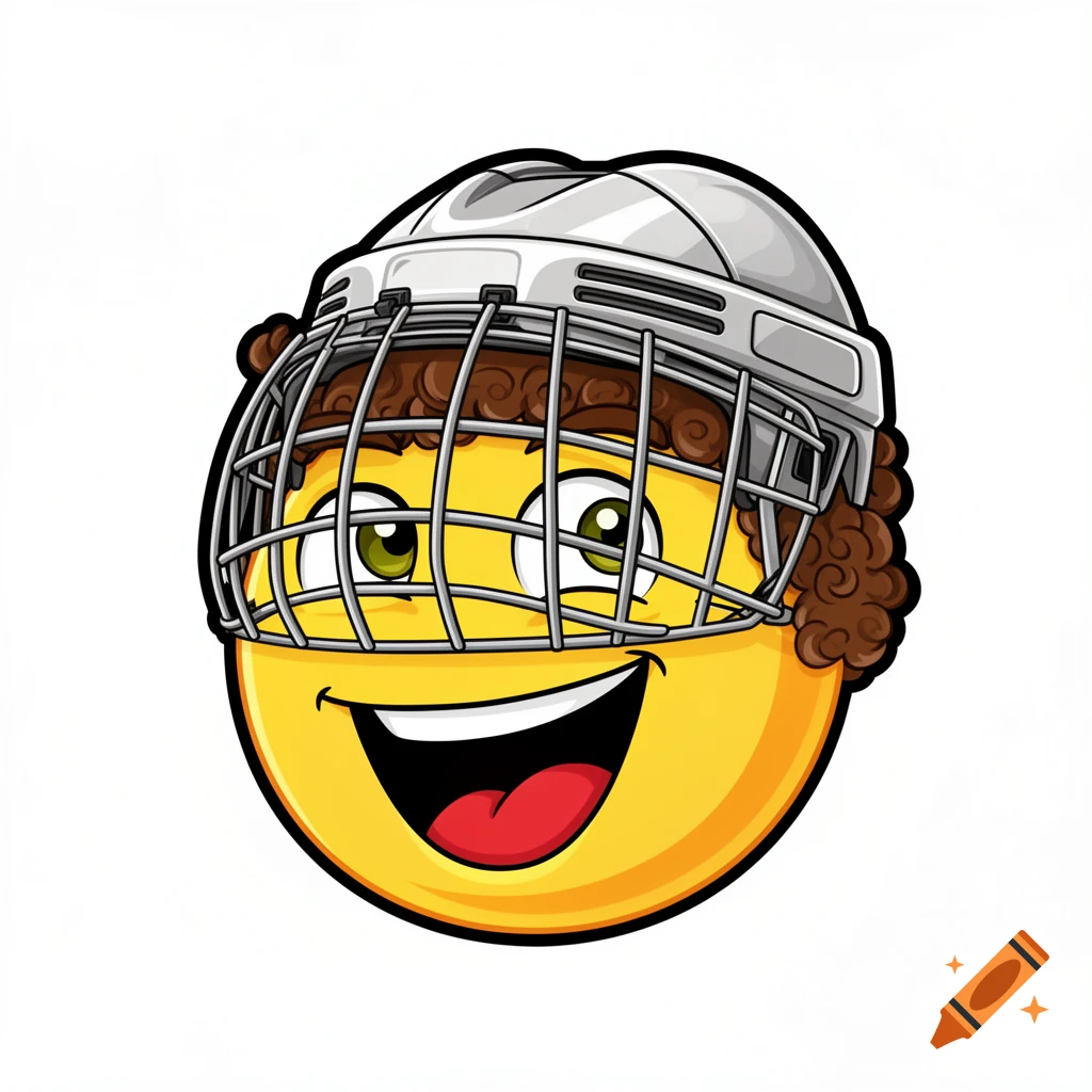 A flat 2D yellow circle emoji with curly brown hair, green eyes, and a wide open mouth, wearing a gray hockey helmet with a face cage.