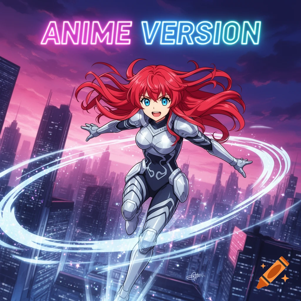 Anime girl with red hair and blue eyes in a silver futuristic suit flies over a city skyline at sunset. Neon text 'ANIME VERSION'.