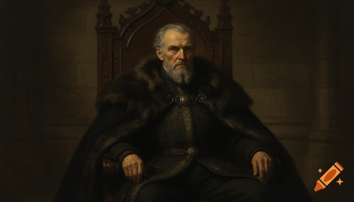 An aging, bearded lord in a dark fur-trimmed cloak sits on an ornate throne in a dimly lit stone hall, painted in Rembrandt style.