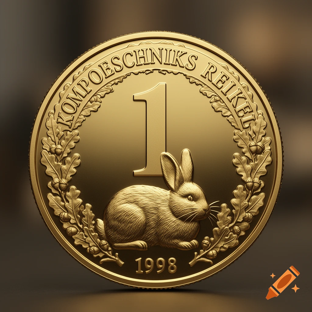 A detailed gold coin featuring a sitting rabbit, the number 1, the text "KOMPOESCHNIKS REIKEL", and the year 1998, surrounded by an oak leaf wreath.