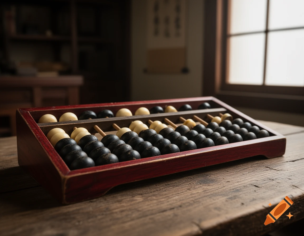 A close-up, photorealistic view of a traditional wooden soroban abacus with black and white beads, resting on a rustic wooden table.