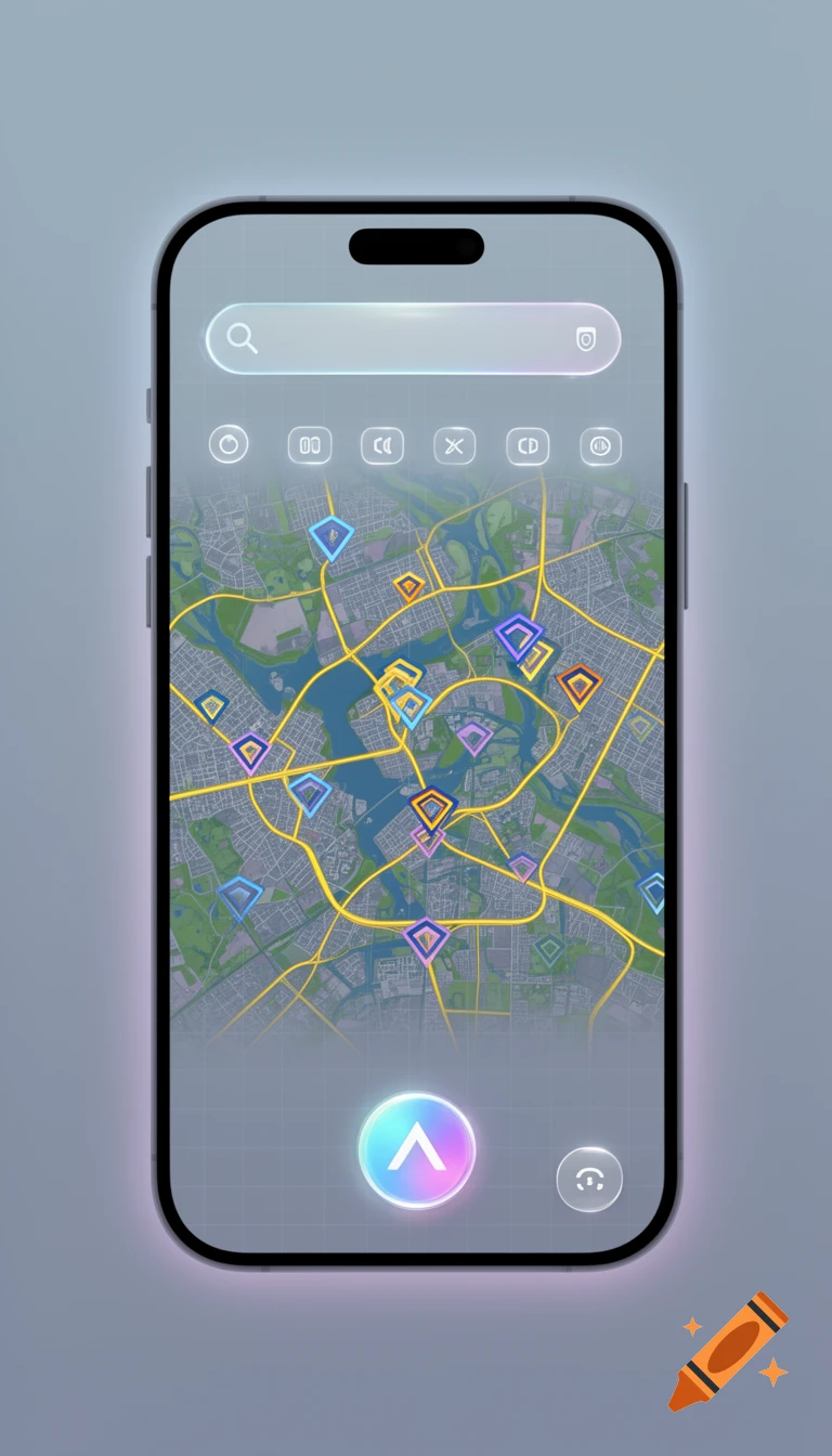 A sleek smartphone displaying a futuristic map application with glowing neon lines and colorful location markers.