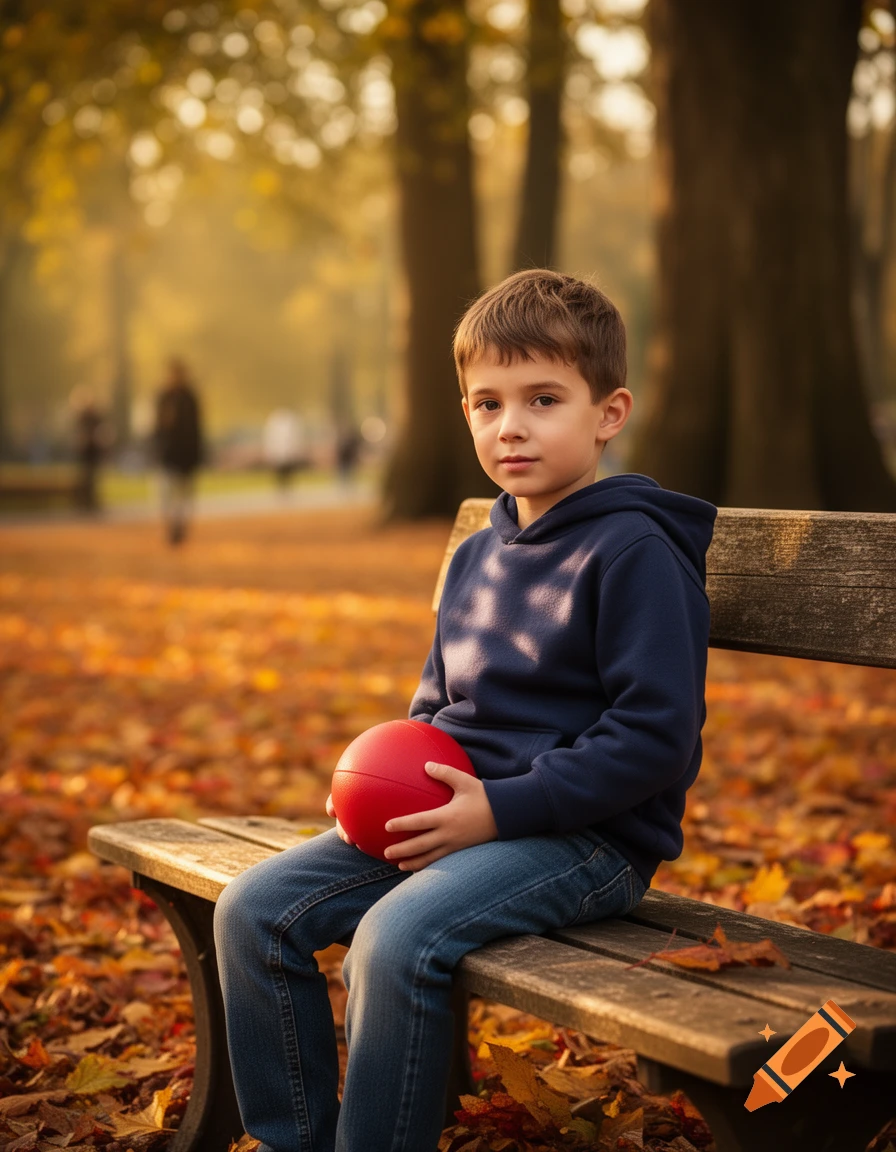 A young boy in a blue hoodie and jeans sits on a wooden bench, holding a red ball, surrounded by autumn leaves in a park.