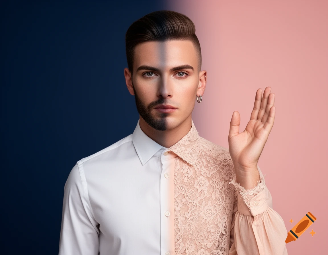 A person with a face and body split into masculine and feminine halves. One side has a beard and white shirt, the other makeup and a lace top, raising a hand. The background is split blue and pink.
